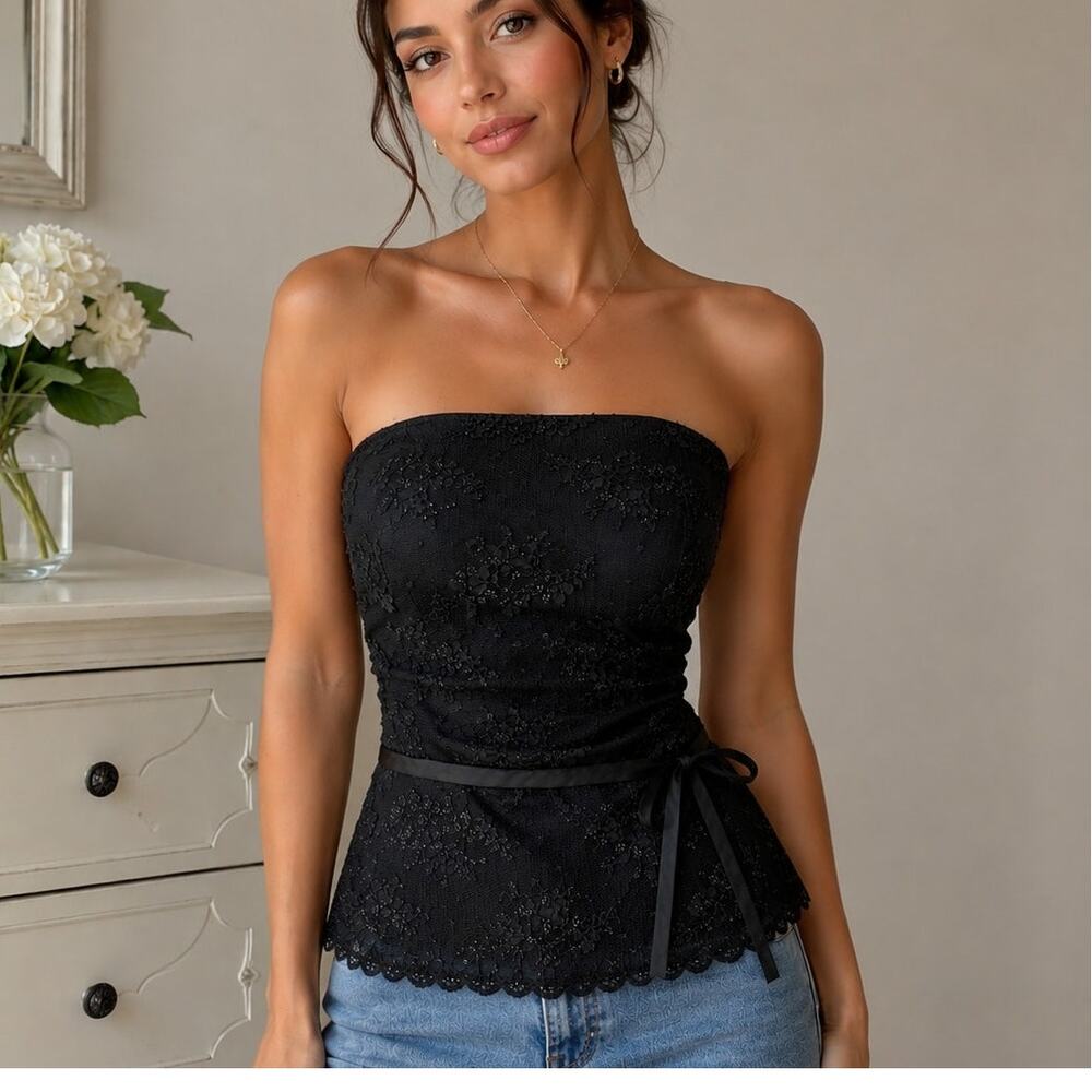 Michael Angelo Womens Black Lace Corset Top Strapless Full Zip Size 4